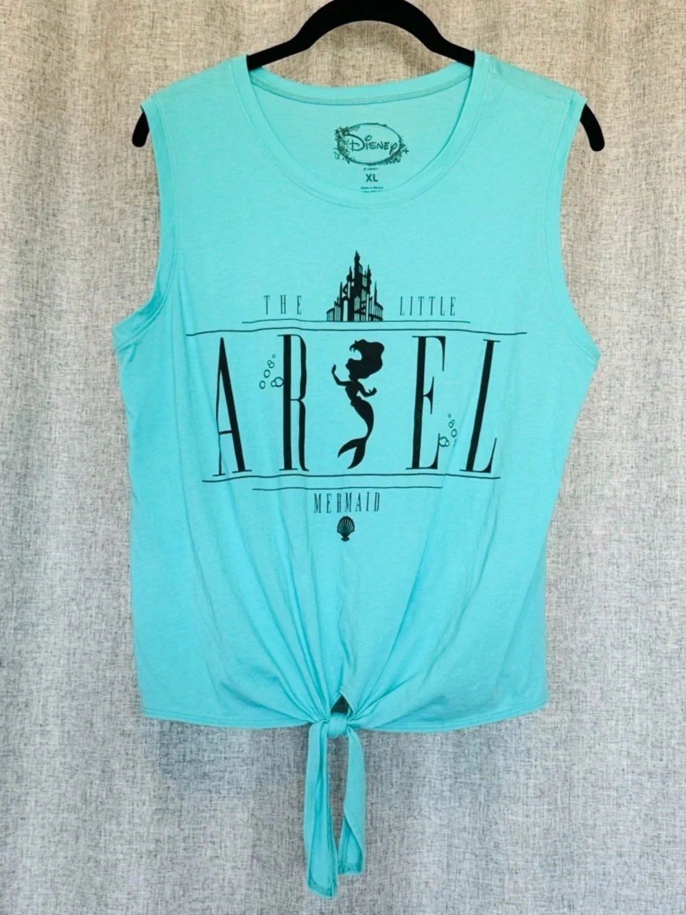 Disney Little Mermaid Tank Top Juniors XL Ariel Logo Castle Teal Green Tie Front